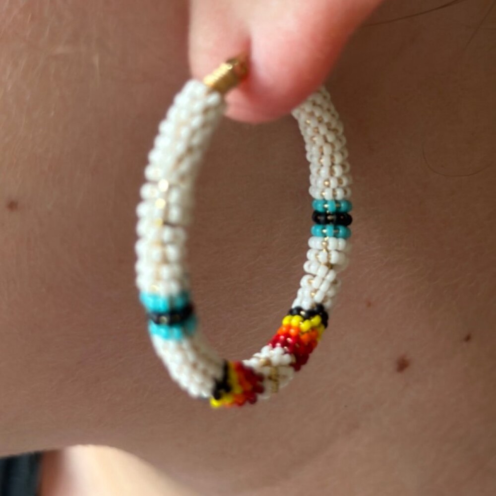 NEW Multicolor Beaded Hoop Earrings Large White Gold Lightweight Boho Retro